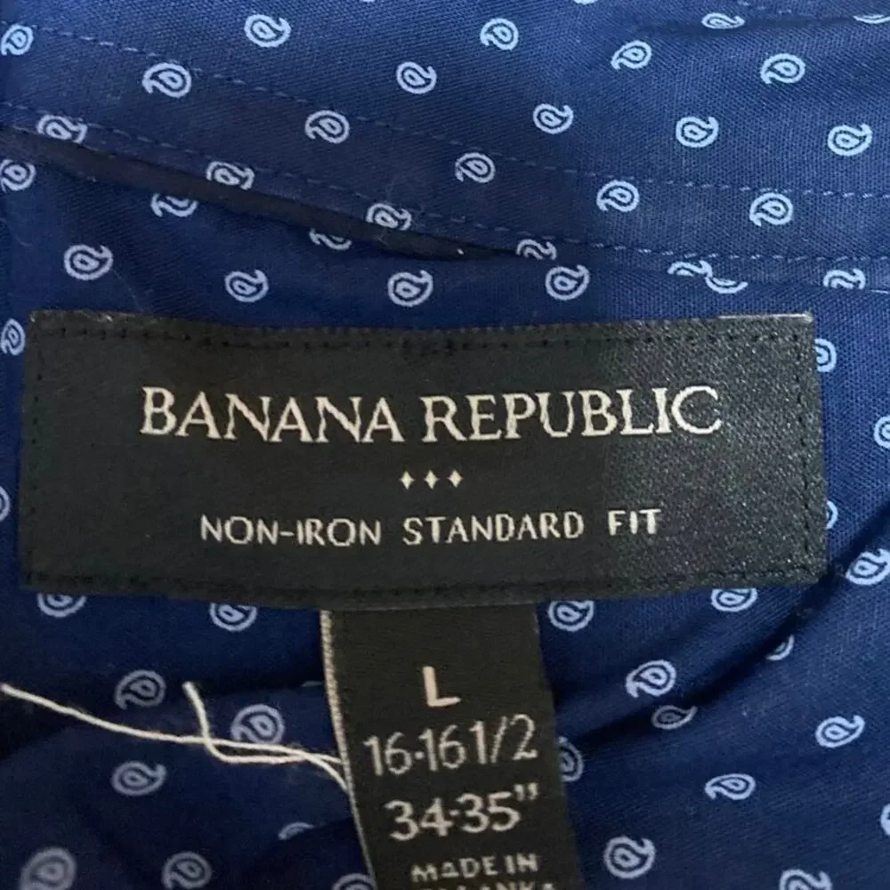 Banana Republic Men's Blue Printed Non Iron Long Sleeve Button Down Shirt Top L